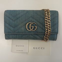 Authentic GUCCI GG Marmont Wallet Quilted Denim WOC On Chain