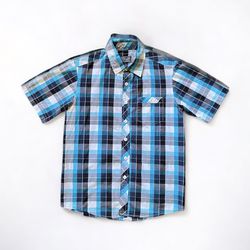 Poetrofit Blue and Black Plaid Short Sleeve Button Up Collared Shirt Boys Large