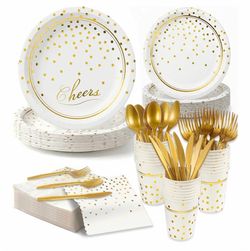 140 Pcs white and gold Plates and Napkins Party Supplies