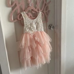 Blush pink tulle flower girl dress, White lace flower girl dress -Size 4