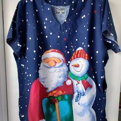 Butter Soft Scrub Top XL Navy Blue Winter Santa Snowman Christmas Holiday