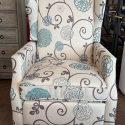 Standard Fabric Wingback Lounge Chair, Floral Textured Fabric with Rivets and Black Wood Legs (Light Beige) 