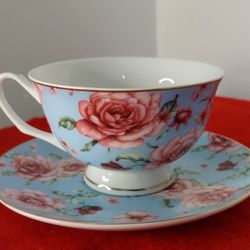 Vintage BTaT Cup and Saucer Set. Brew to a Tea Floral Blue Background With Pink Roses Cup and Saucer. Gold Metallic Line Detailing.
