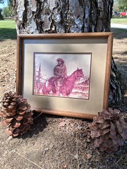 VINTAGE PENCIL SKETCH WATERCOLOR PRINT OF OLD "TRAPPER ON HORSEBACK".  FRAMED, MATTED, WITH MATTE FINISH GLASS...ASKING $25.00