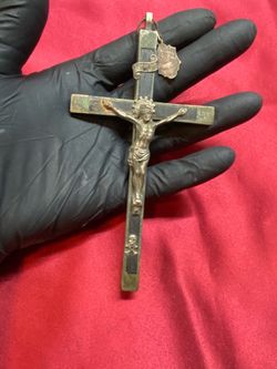 Rare XL 6¼” Antique 1800s German Nun’s Crucifix – Skull & Crossbones (Victory Over Death)