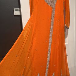 Long Party Dress  Orange Frock Pakistani Wear Stone Hand Embroidered With Dupata And Pants 