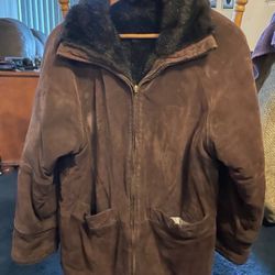 Soft Brown Leather Above Knee Length Jacket w/ Acrylic Shimmer Fur Inside Size S-M