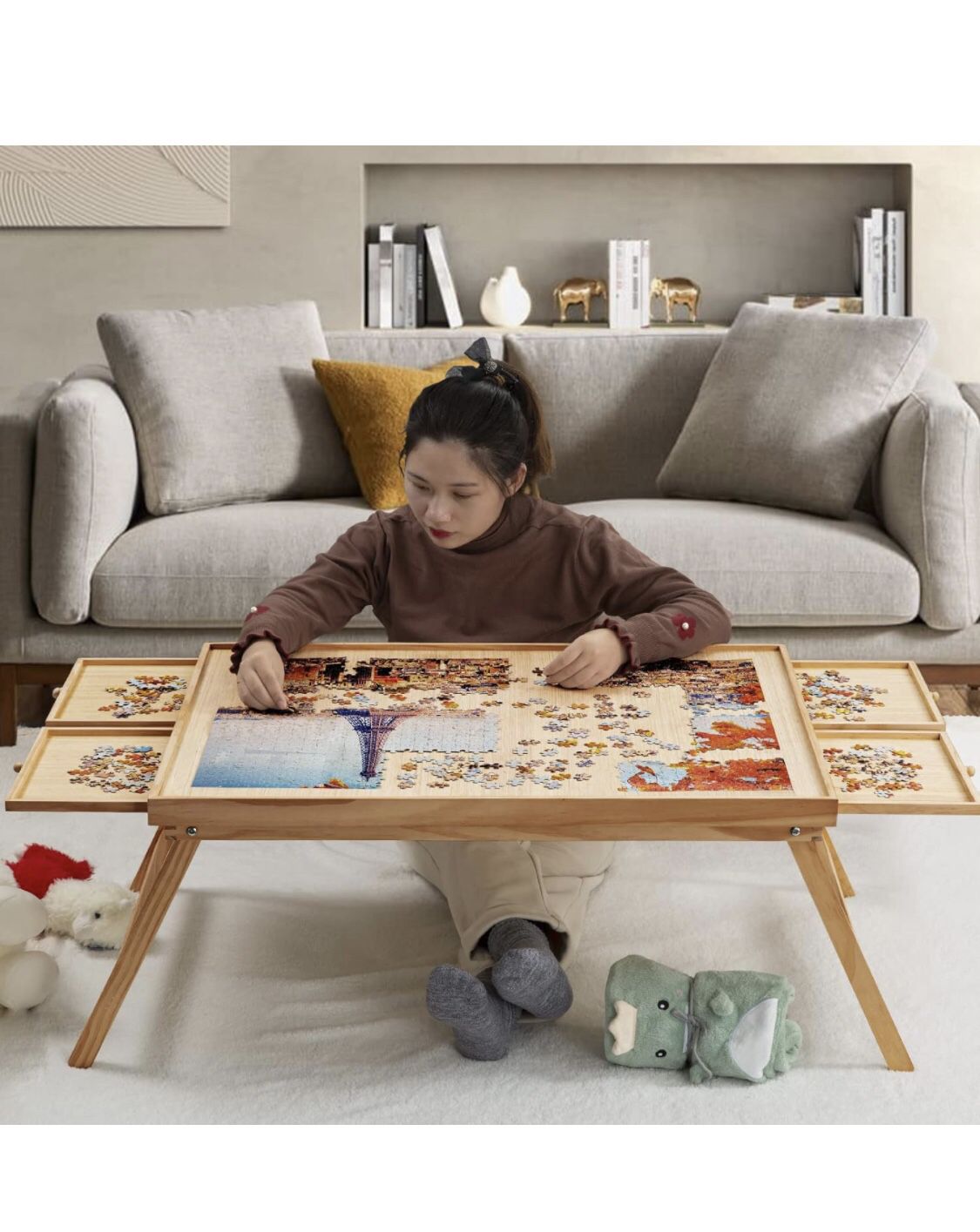1500 Piece Wooden Jigsaw Folding Puzzle Board, Puzzle Table with Legs and Protective Cover, 34” X 26.3” Jigsaw Puzzle Board with 4 Drawers & Cover, Po