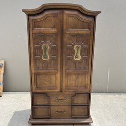 Pecan Armoire with 5 Drawers and Mirror by Stanley Circa 1970s 70"x35.5"x19.25"