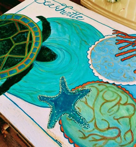 Rescued Sturdy Sea Turtle Inspired Home Made Desk . Painted By Artist Sandra Lee. The Stool Is A Reclaimed Piece Too. They Make The Perfect Pair. .
