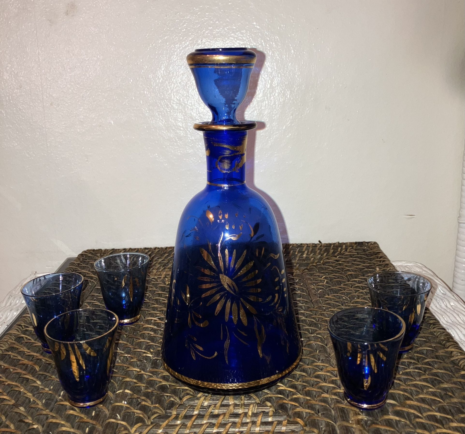 *Pending* Vintage Cobalt Blue Glass Decanter, 5 Glasses, Made In Italy, Hand Painted 24K Gold, Great Condition