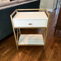 SIDE TABLE  Plug & USB CHARGER WHITE & GOLD End Bedside Drawer Shelf  Glam   30h x 24w x 18d  Feel free to ask questions. 