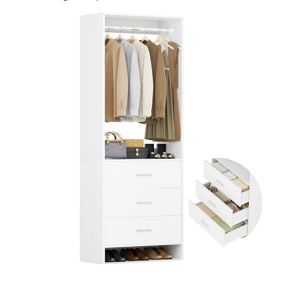 Z201-2FT Closet System with 3 Drawers, 24’’ Closet Organizer, Wood Closet Organizer System, Walk-in Closet or Small Closets Wardrobe, Clothes Rack wit