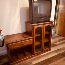 Oak Wood TV Stand with Glass Door Cabinet
