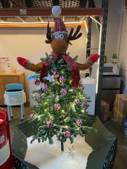 Decorated Artificial Christmas Tree with Reindeer Topper