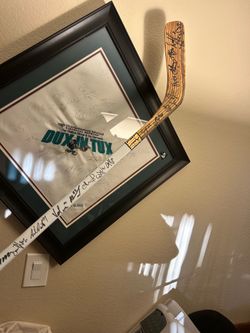 AUTHENTIC SIGNED VINTAGE TEEMU SELANNE & TEAM ANAHEIM MIGHTY DUCKS  FRAMED HANKER-CHIEF AND GAME USED STICK