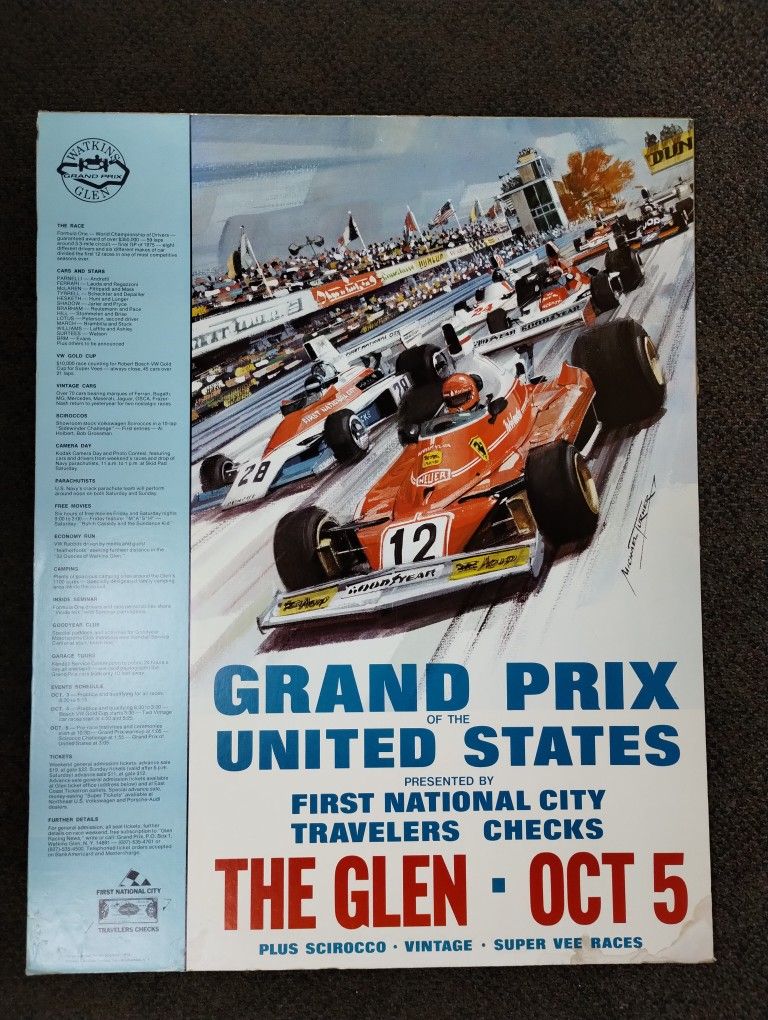 Vintage 1975 Watkins Glen Grand Prix color racing poster, 28x22", Ferrari/F1