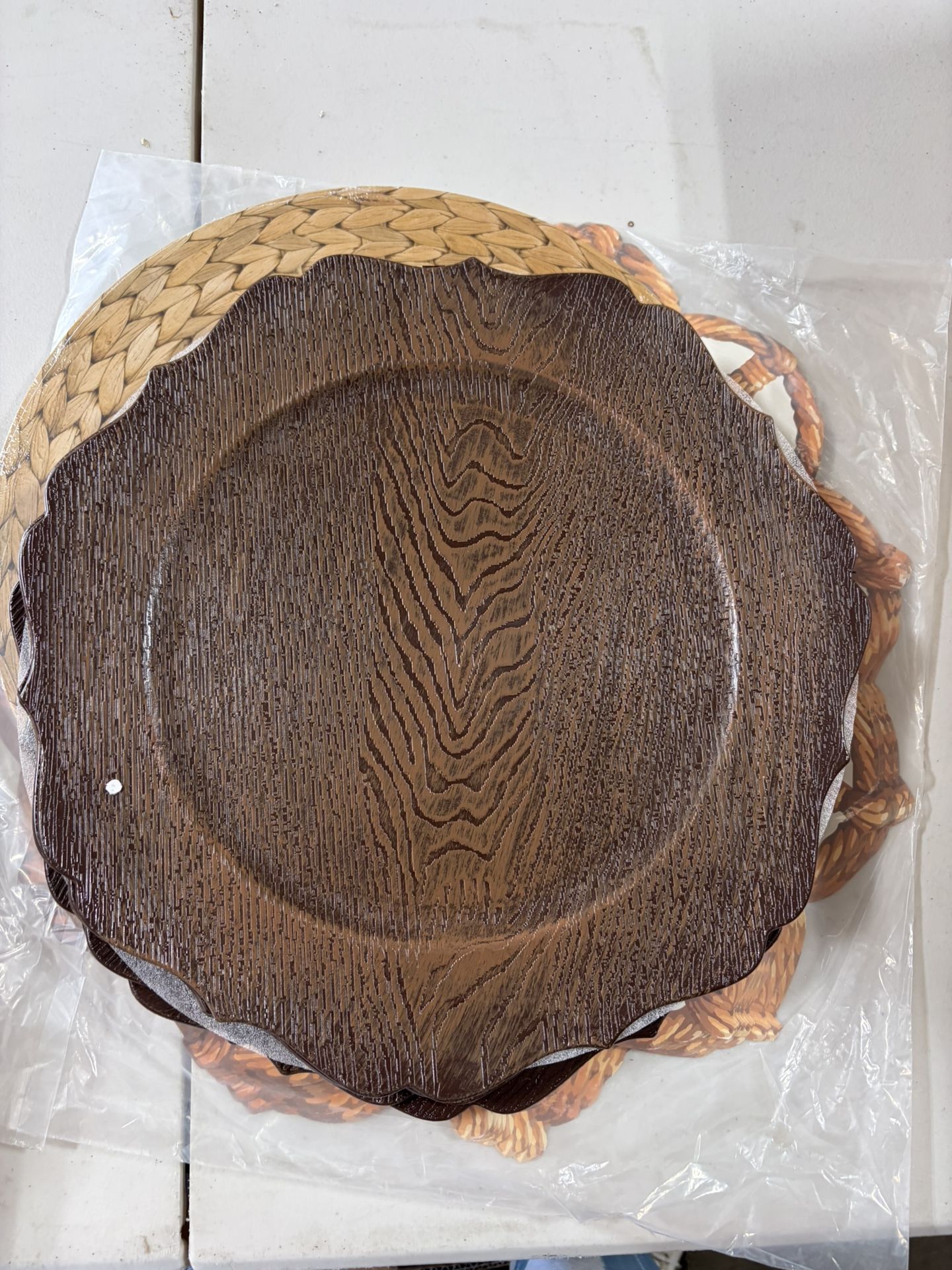 Charger Plates 13" Round Rustic Brown with Wood Grain Scalloped Rim
