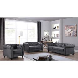 Brand New Light Or Dark Gray Tufted Linen Modern Sofa + Loveseat + Chair 3PCs Set