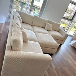 Gorgeous! 4-pc sectional sofa with ottoman  Ivory Corduroy