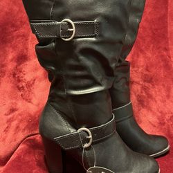 Black Leather High Heel Boots With Buckle Strap Size: 7.5 *NEW WITH TAGS*