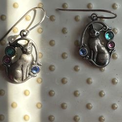 ADORABLE MULTI GEMSTONE CAT EARRINGS STERLING SILVER 
