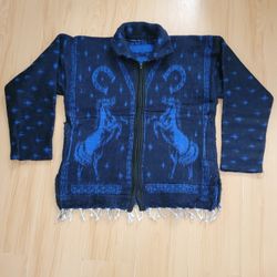 Mexican Serape Pancho Blanket Jacket with Fringe Blue Side Pockets  Large 