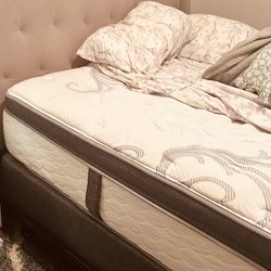 Taupe Upholstered Tufted Headboard & Beautyrest Pillow Top Mattress with Metal Frame