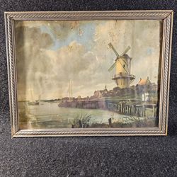 Antique 1800's framed litho print - old Dutch windmill near WIJK BIJ DUURSTEDE by Jacob van Ruisdael