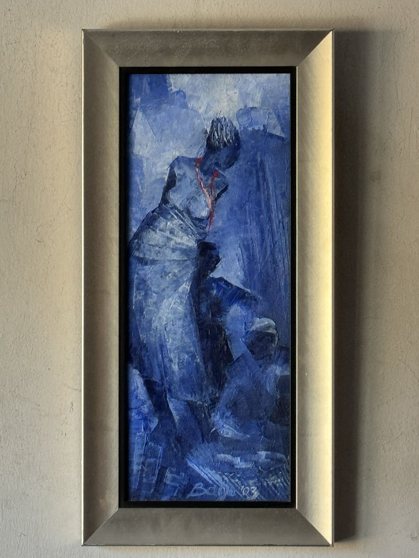 VINTAGE MODERN ABSTRACT BLUE FIGURATIVE WOMAN EXPRESSIONIST OIL PAINTING SIGNED