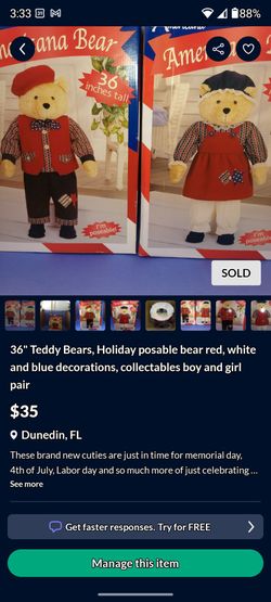 36" Teddy Bears, Holiday posable bear red, white and blue decorations, collectables boy and girl pair