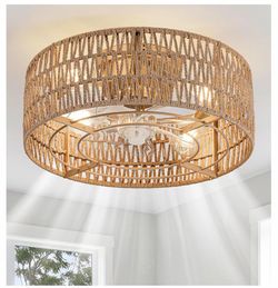Boho Rattan Ceiling Fan with Light