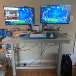 Standing Desk, Dual Monitors, Monitor Arms, Monitor Stand Riser (bamboo), And Office Chair