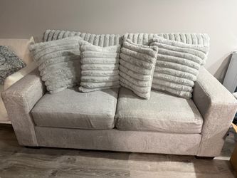 Light Gray Fabric Loveseat with Throw Pillows