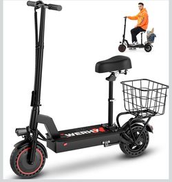WERHY 500W Electric Scooter with Seat and Basket, Front and Rear Suspension 20 MPH & 21 Miles Range, 10 Inch Solid Tires, Foldable Commuter E-Scooter 