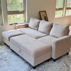 HONBAY Sectional Sofa with Ottoman L Shaped Couch Sleeper with Storage Ottoman Sectional Sofa with Chaise, Beige
