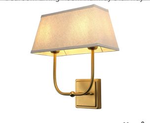 9873: New Vintage 2-Lights Wall Sconces with Linen Fabric Lampshade, Double Head Bathroom Vanity Lights Fixture in Antique Brass, Indoor Wall Lamps fo