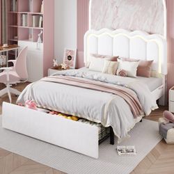 SHA CERLIN Full Size Bed Frame with LED Lights and Storage Drawer, White