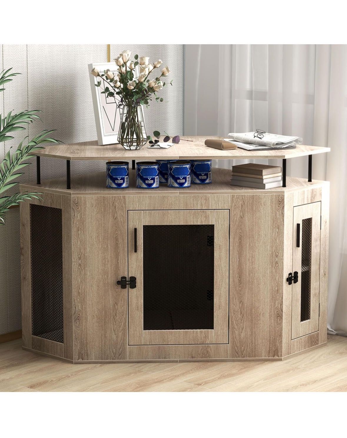 Dog Crate with Cushion, 52" L Wooden Dog Kennel End Table for Medium Large Dogs, Indoor Dog House with Storage Shelf, Side Storage Cabinet, Oak