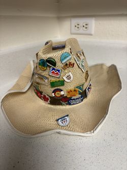 Vintage Woven Straw Hat with Vintage Pin Buttons