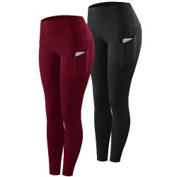 2 Pieces Womens High Waist Running Workout Yoga Leggings with Side Pocket Black+Red L