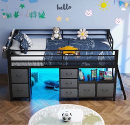 Twin loft bed with 7 storage drawers and led lights