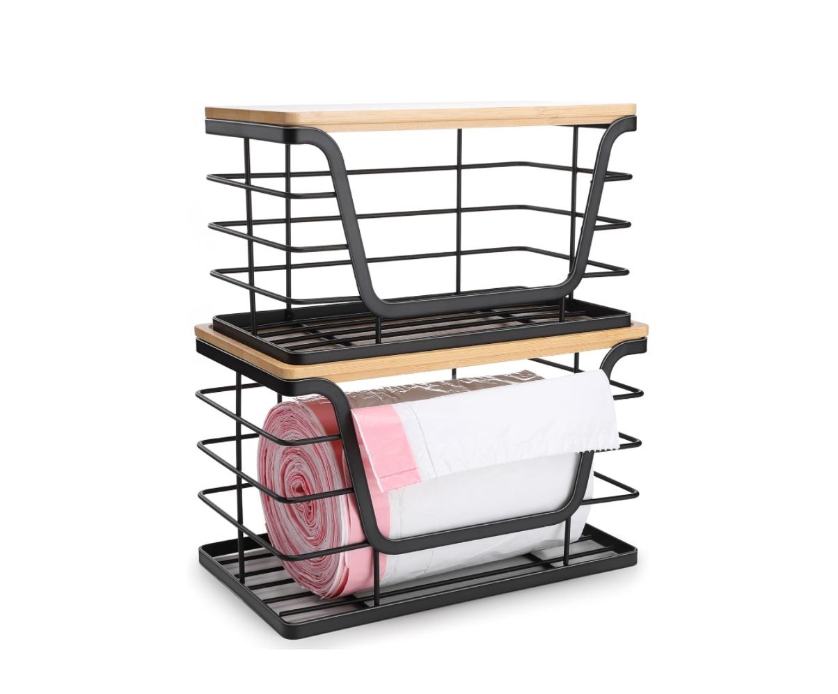 2 Pack Storage Stackable Kitchen Laundry Organizers with Bamboo Top