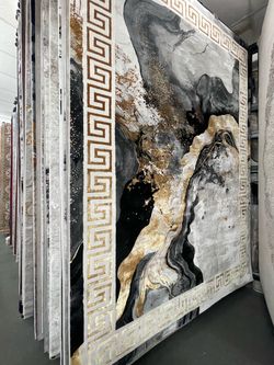 Large Area Rug Black Gold Abstract Marble Design