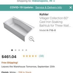 Kohler K-716-0 Cast Iron Bathtub New