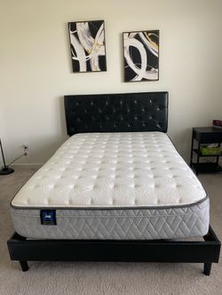 Full Size Bed with Black Leather Headboard and Mattress