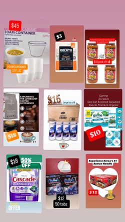 Romain soup, Coffee creamer, seaweed, foam containers, dish detergent,