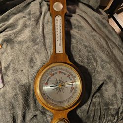 Vintage West Germany Wooden Weather Station featuring barometer, thermometer (C/F), and hygromete