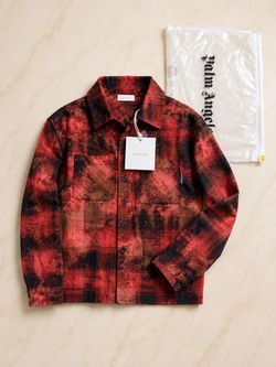 NWT Palm Angels Kids Bleach Logo Flannel Shirt Red Size 4 + COA 76602