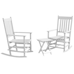 Outsunny Wooden Rocking Chair Set w/Slatted Top Table, Curved Armrests, High Back, White